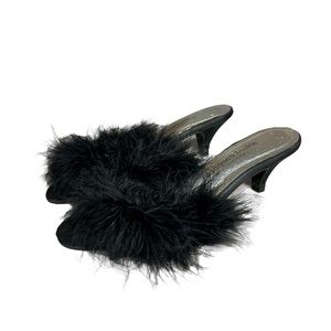 Vintage Feather Trim Black Sandal Heels